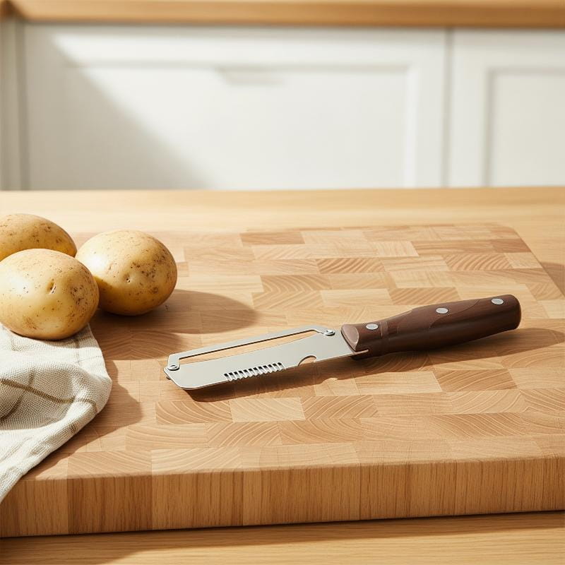 Ein Edelstahl-3-in-1-Gemüseschäler mit schlanker Klinge und hochwertigem braunem Holzgriff, der auf einem karierten Holz-Schneidebrett ruht.