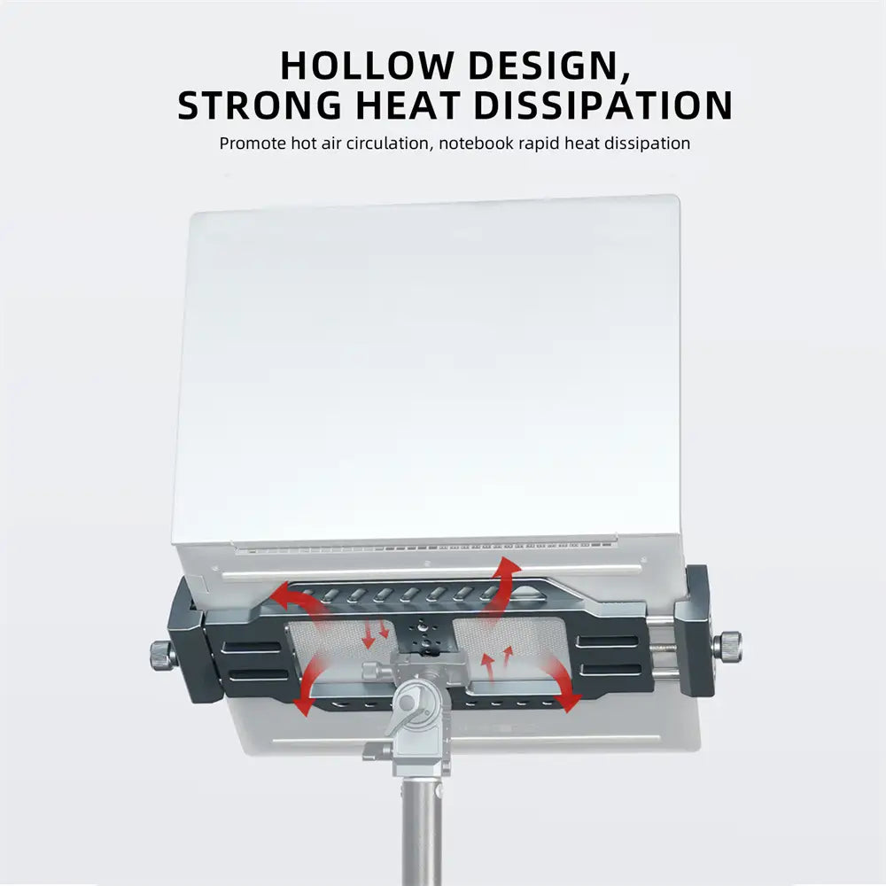 white rectangular aluminum vertical laptop stand for tripods with a black metal base featuring ventilation slots and heat dissipation arrows visible on the back side