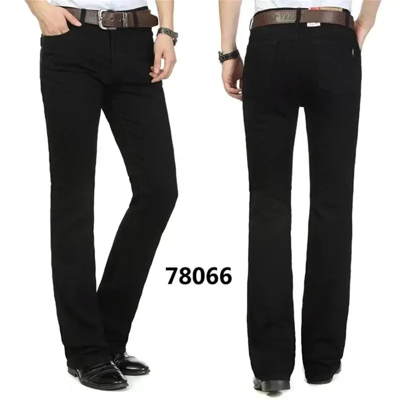 Men black flare denim jeans slim fit trousers in durable cotton fabric with a slim fit and belt loops for secure wear.