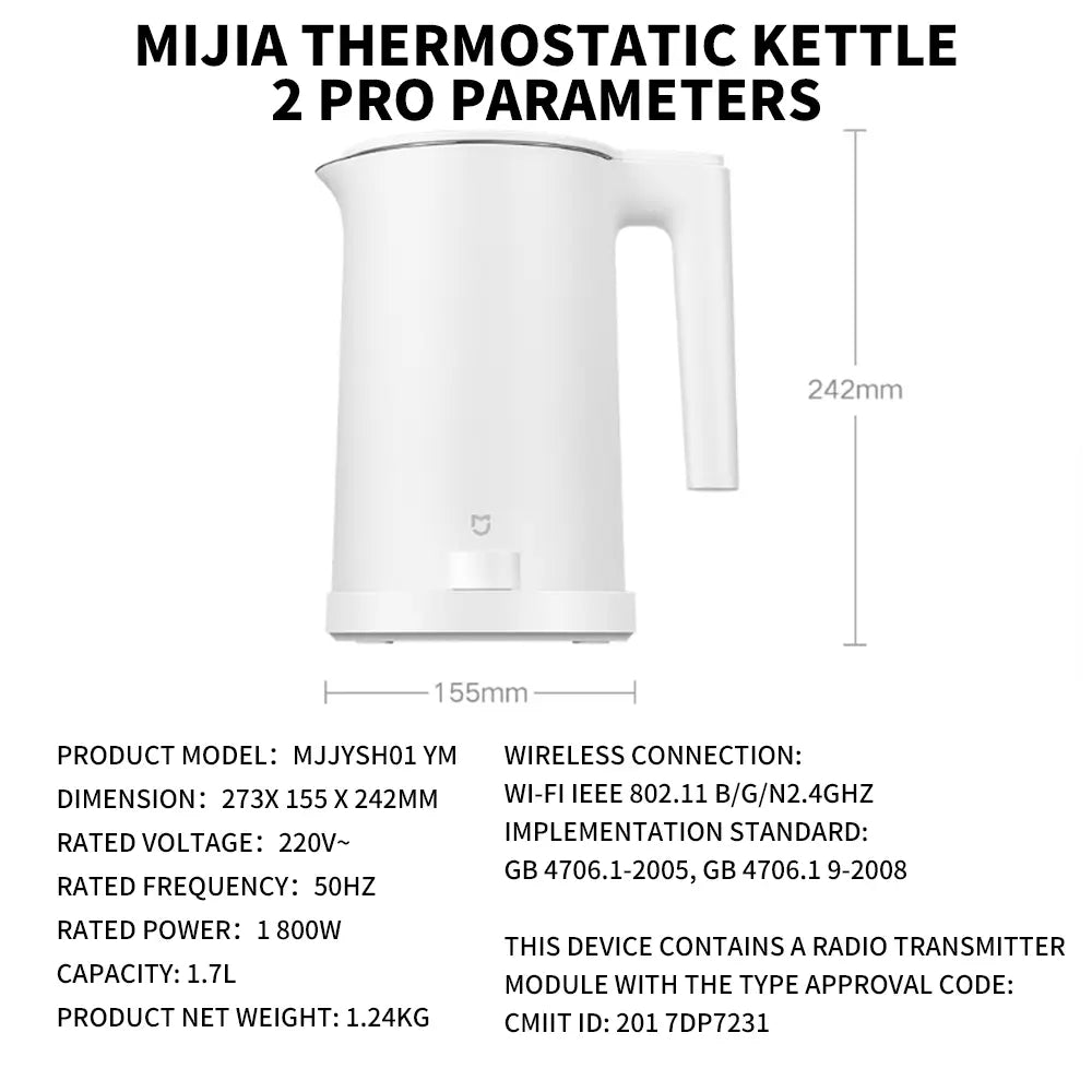 Xiaomi Mijia Smart Kettle 2 Pro Elektro-Wasserkocher mit weißem, schlankem minimalistischen Design und glattem Kunststoffgehäuse.