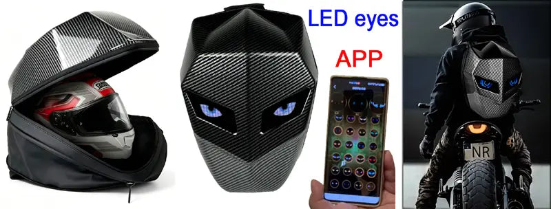 Carbon fiber motorcycle helmet with led eyes and app control displayed as part of breathable protective motorcycle racing gloves gear.