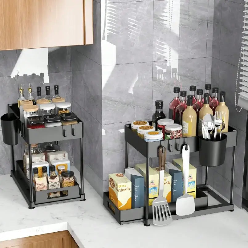 black metal two-tier kitchen spice and utensil organizer with bpa-free plastic components designed for under sink storage in black color