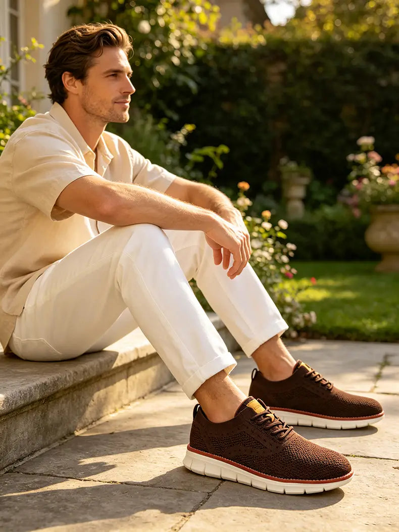 Zapatillas casual de punto marrones para hombre con suelas de goma blancas y un sutil acento dorado en la lengüeta del talón, diseñadas como zapatos de caminar transpirables