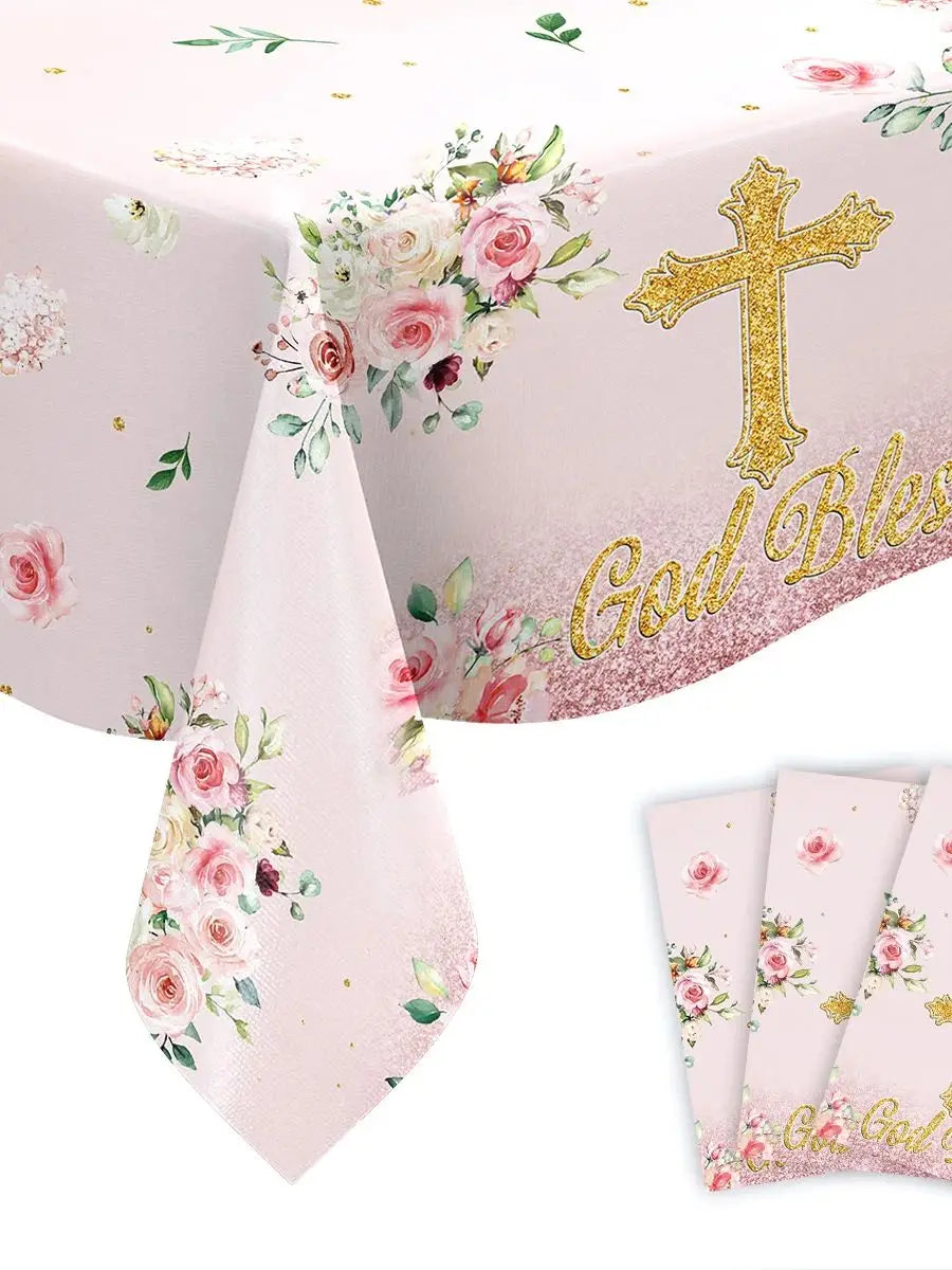 God bless baptism tablecloth floral cross party cover featuring a pink floral design with a gold glitter cross and delicate rose patterns on a soft pastel background.