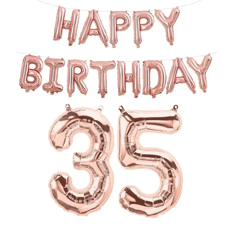 Ensemble de ballons en feuille or rose comprenant une banderole « Joyeux anniversaire » et des ballons numéro 35 pour les célébrations d’anniversaire.