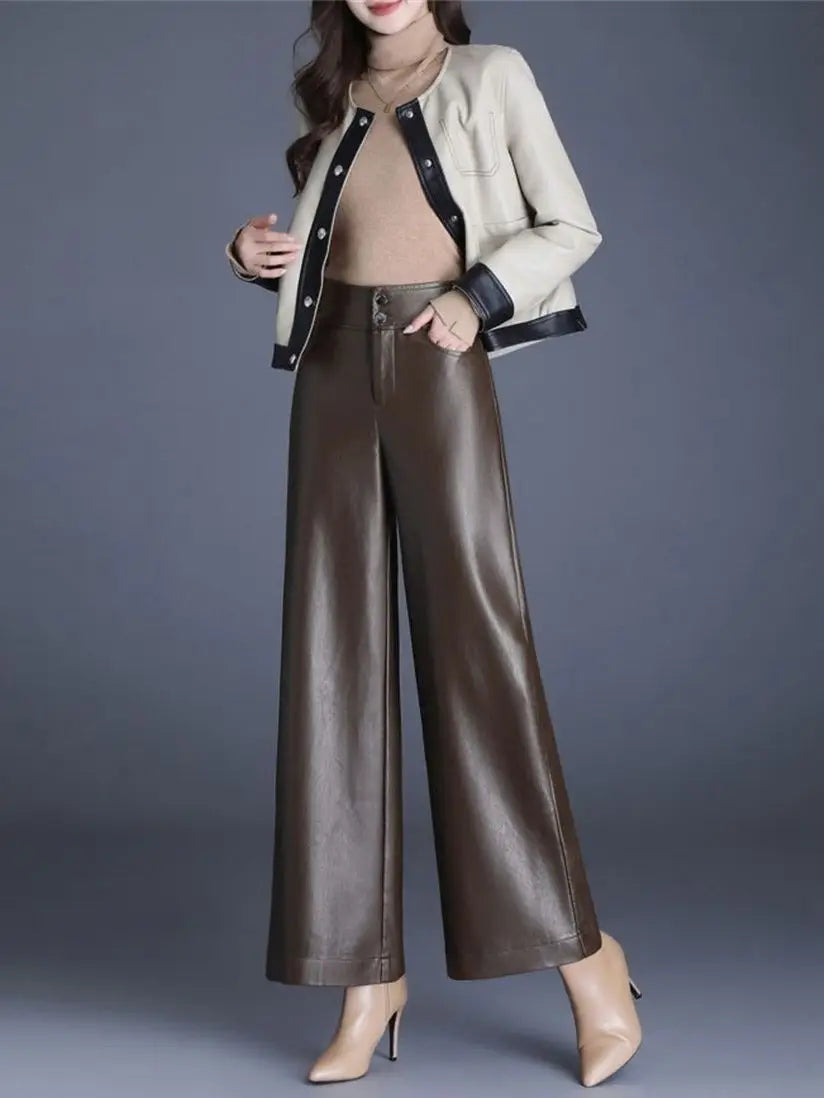 Women's High Waist Loose PU Leather Pants Autumn Winter Windproof Waterproof Straight Leg Pants Casual Fashion Ladies Trousers