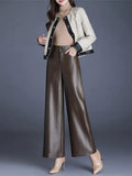 Women's High Waist Loose PU Leather Pants Autumn Winter Windproof Waterproof Straight Leg Pants Casual Fashion Ladies Trousers