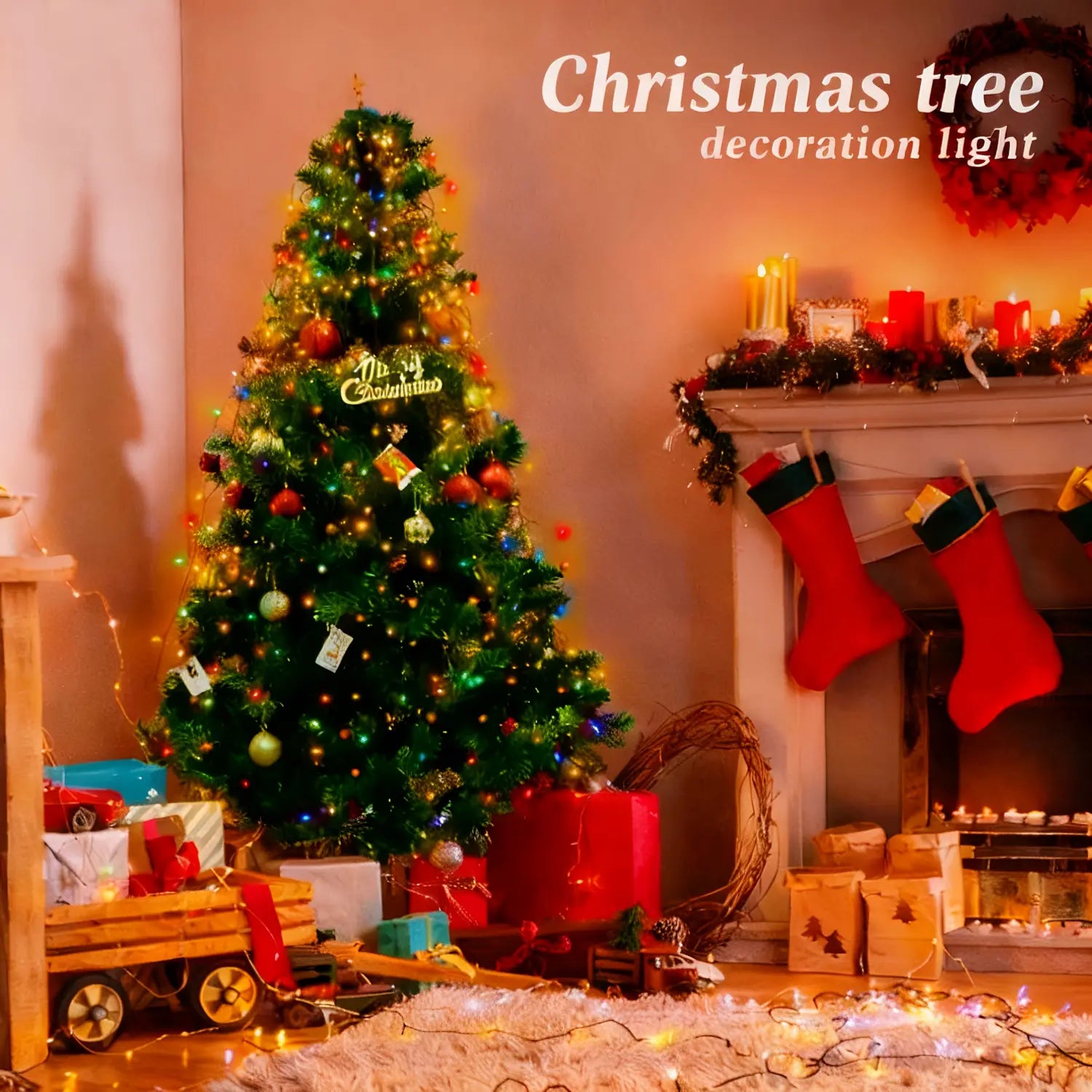 A festive USB Christmas tree decoration light for indoor and outdoor use featuring colorful lights, red and gold ornaments, pinecones, and a merry Christmas sign.
