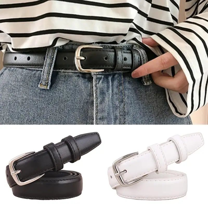 Schwarze und weiße PU-Ledergürtel für Damen mit silberfarbenen Metall-Schnallen.