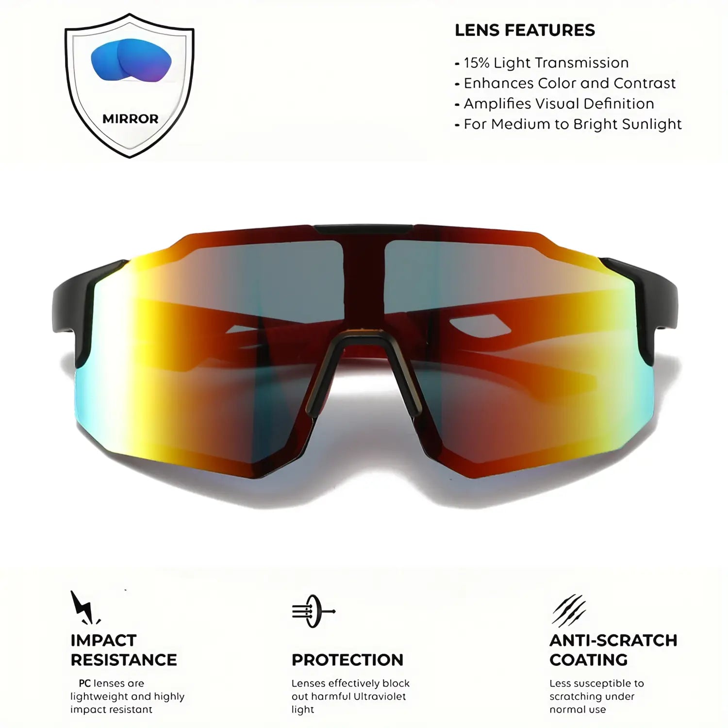 Oversized wraparound sports sunglasses feature a sleek black frame with iridescent gradient lenses shifting from blue to orange and yellow for unisex comfort fit and uv400 protection.