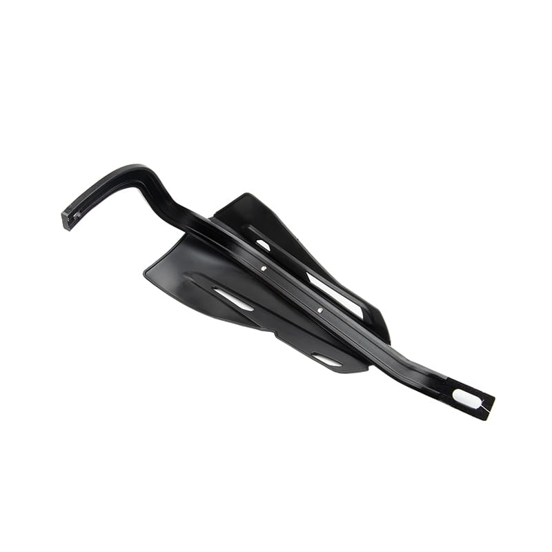 Black metal front fender guard with a curved hook and cut-out design for universal dirt bike handguard mounting kit.