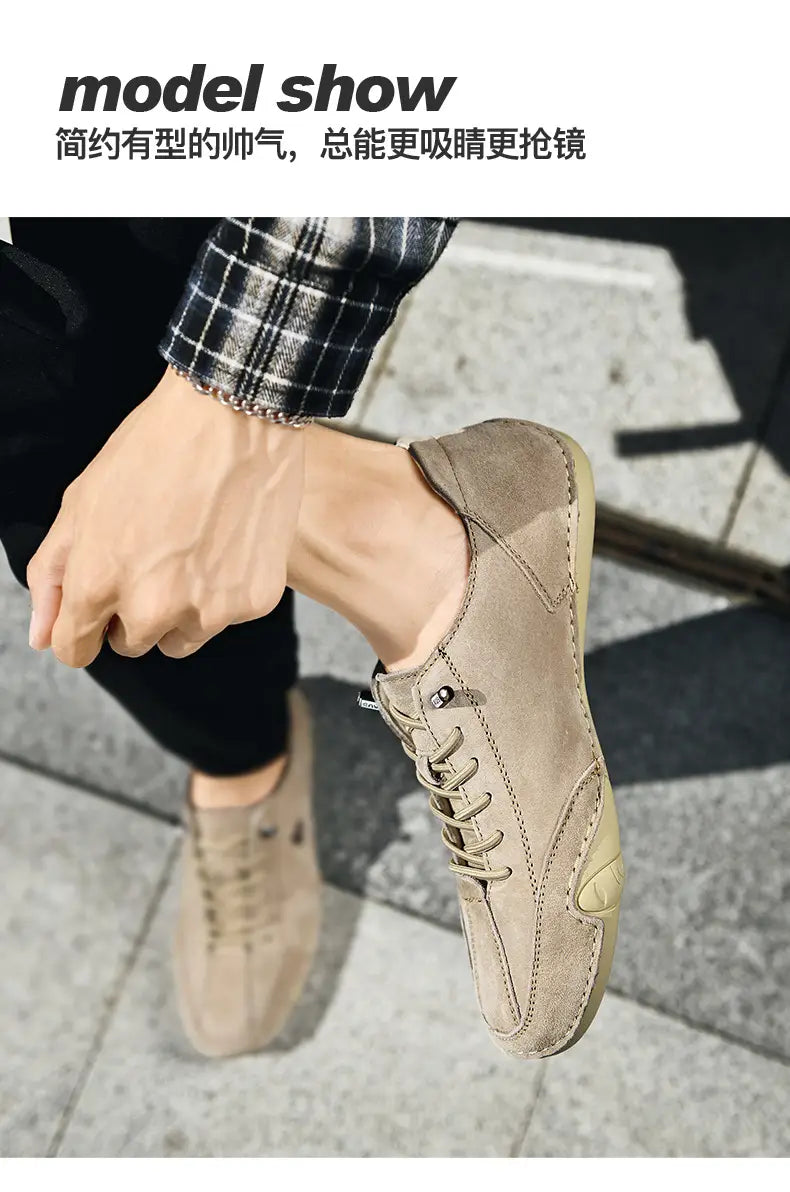 Men high top leather casual sneakers in beige suede with lace-up design, contrasting tan rubber sole, and subtle stitching details.