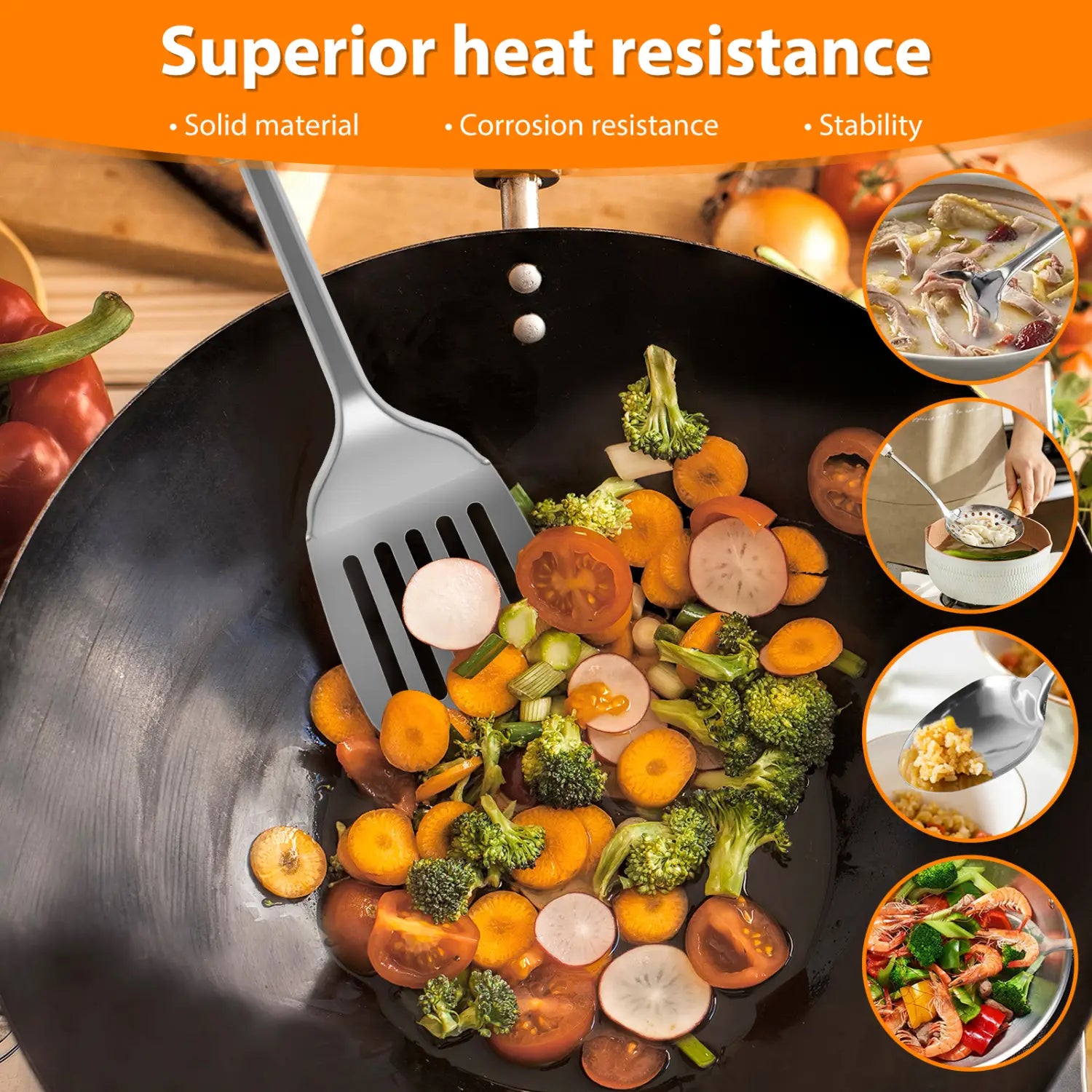 Silver slotted spatula with a long handle made of stainless steel designed for cooking and stirring in a wok as part of a stainless steel cooking utensils set.