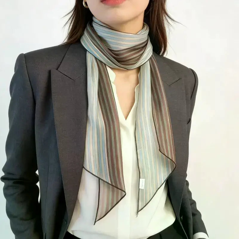 Women's Vintage Striped Silk Scarf – Double Sided Print Lightweight Neck Scarf for Office & Daily Wear, Elegant Hair Wrap