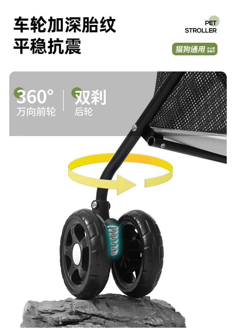 Ruedas de goma negras con tacos profundos y suspensión de resorte visible en el lado posterior de un carrito plegable para mascotas para perros y gatos pequeños, diseñado para un desplazamiento suave en terrenos irregulares