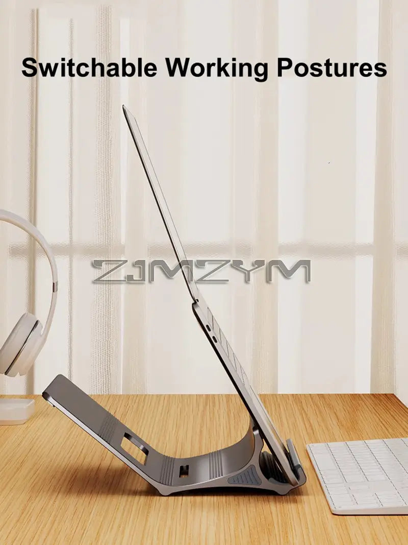 Silver aluminum laptop stand with adjustable angles designed for switchable working postures and ergonomic desk use.