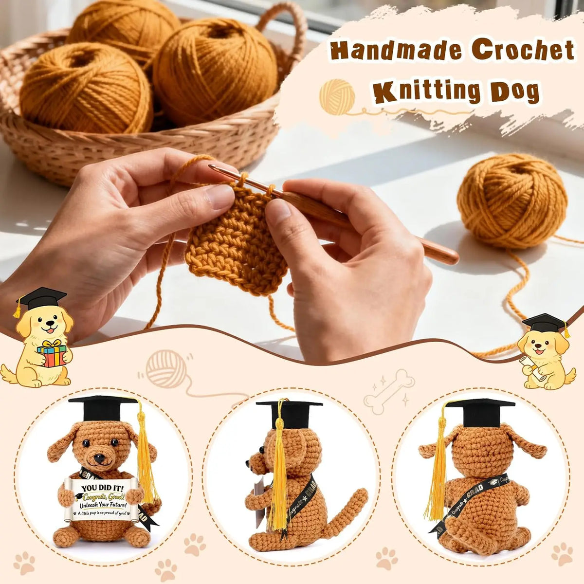 Graduation Crochet Gift Handmade Knitted Puppy Graduation Cap Positive Pocket Hug Animal Keepsake Graduate Congrats Grad Gift