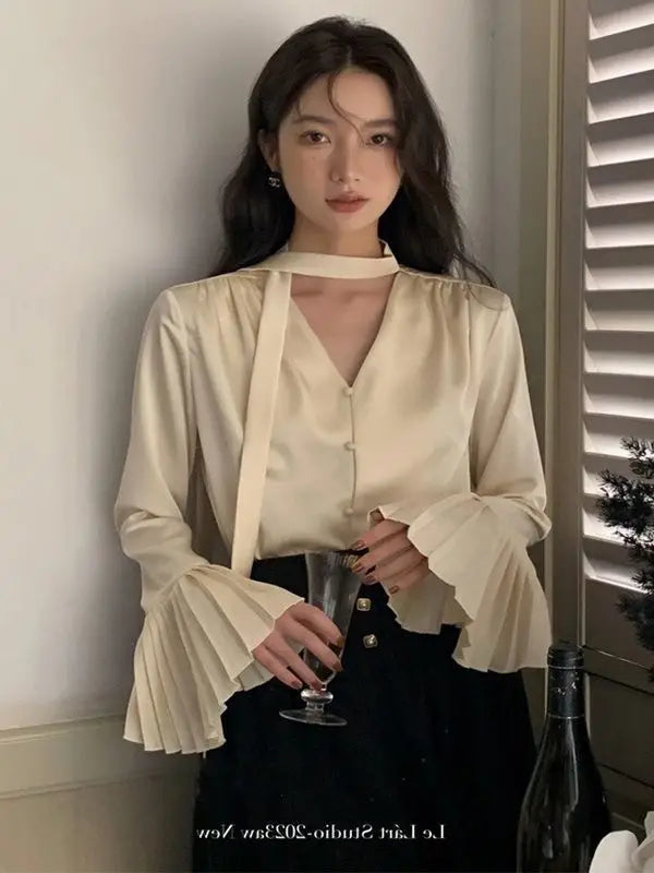 Piano Sleeves and Ribbon Shirts for Women Spring New Design Sense Niche Satin Top Loose and Versatile Shirt