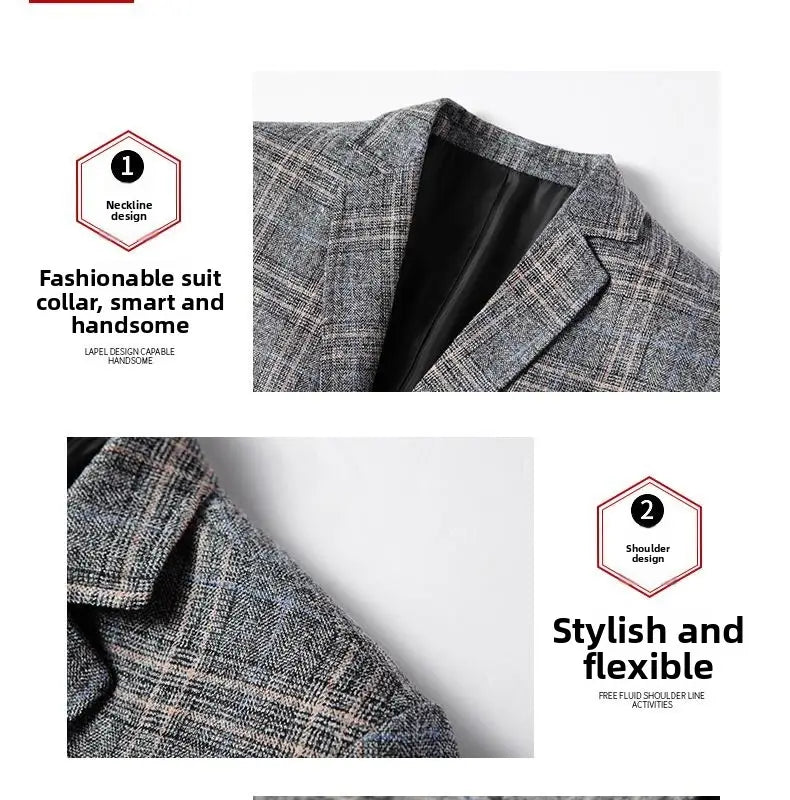 Blazer de lana con mezcla de cuadros grises para hombre, estilo casual de negocios, que presenta un cuello estructurado y un diseño de hombro flexible.