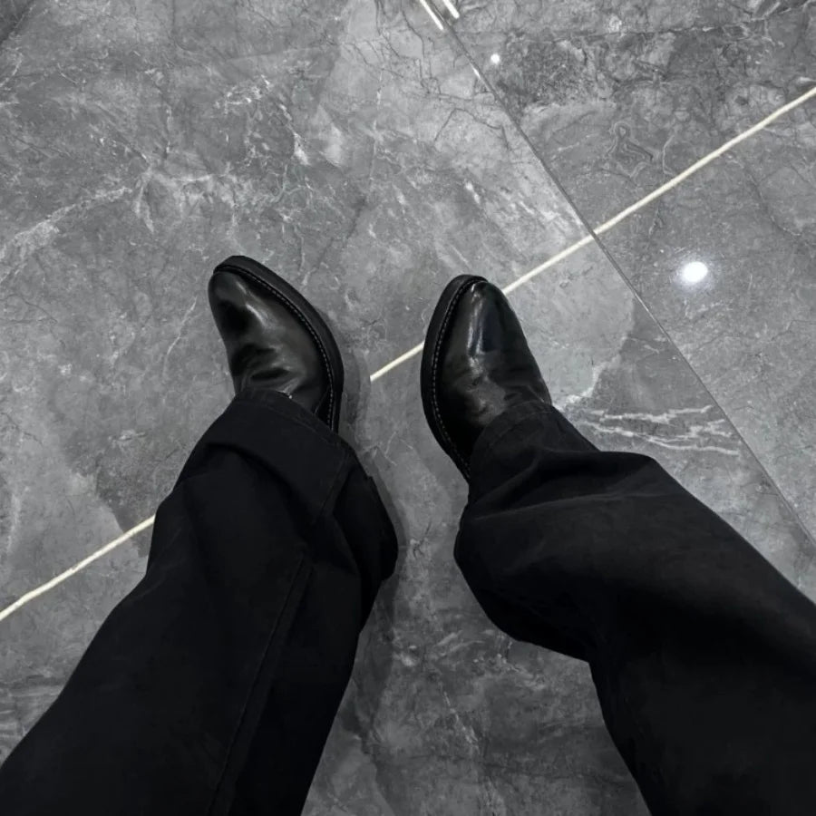 Black Leather Vintage Men's Dress Shoes Washed Effect Upturned Round Toe Slip On Loafers Casual Business Formal Low Heel Shoes