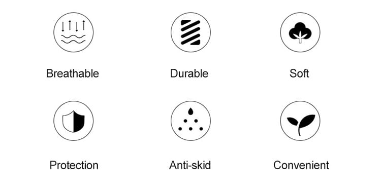 Gants de moto en cuir pour homme respirants et perforés, avec six icônes circulaires illustrant des caractéristiques respirantes, durables, souples, protectrices, anti-dérapantes et pratiques.
