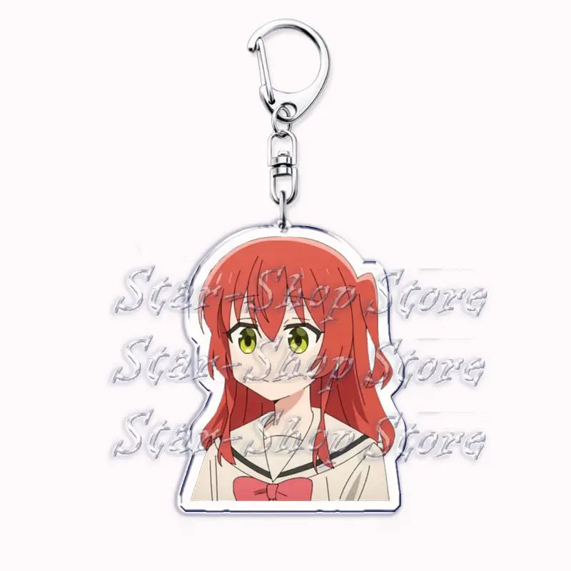 Clear acrylic keychain featuring an anime character bocchi the rock with vibrant red hair bright green eyes and wearing a white school uniform with black trim and a pink bow.