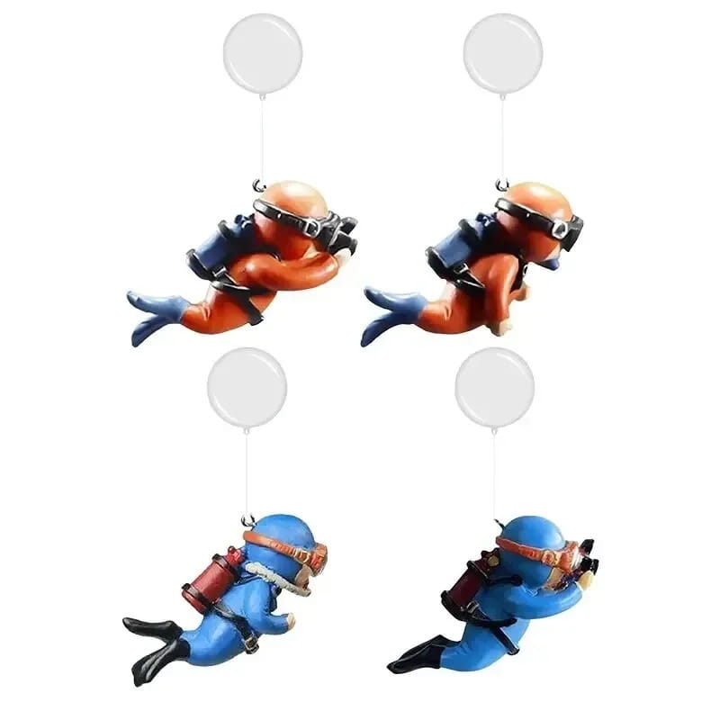 Orange and blue plastic scuba diver figurines with attached balloons are popular aquarium decorations for fish tanks suitable as landscape decor accessories and gifts for aquatic pets.