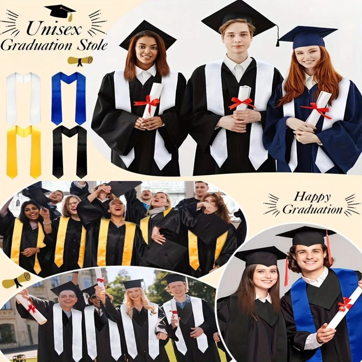 1 PC Plain Graduation Stole Satin Graduation Stoles Polyester Graduation Sash for Graduation Ceremony Degree Conferment Ceremony