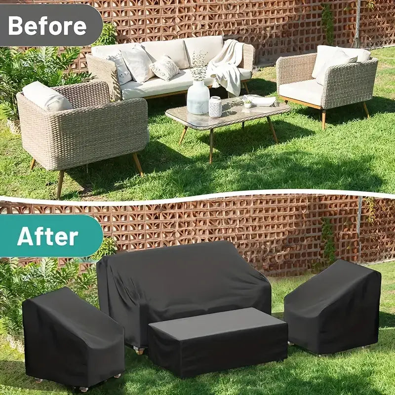 black waterproof protective cover for outdoor wicker furniture set in a 4-piece furniture covers set designed for outdoor furniture protection.