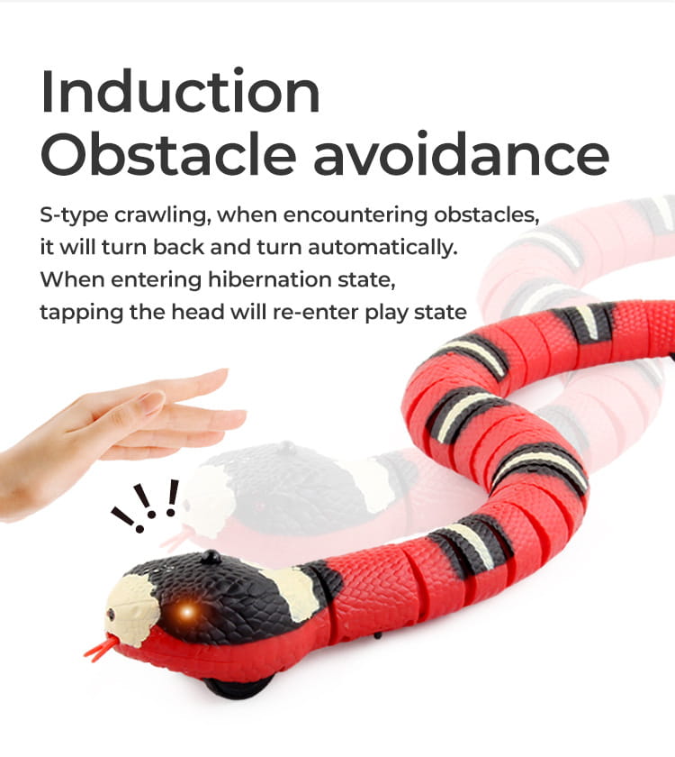 red and black segmented robotic snake with glowing eye and small wheels for movement designed as an interactive cat toys type for pet cat toys and cat toys interactive use