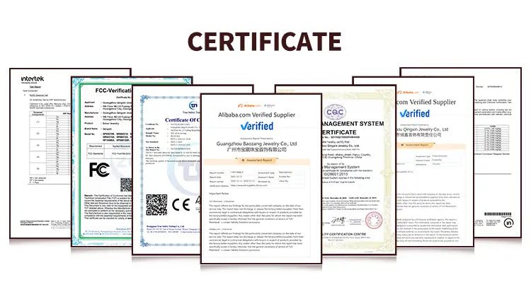 Alibaba verified supplier certificate for Guangzhou Baoguan Jewelry Co., Ltd. featuring a 925 silver cat zirconia jewelry set.