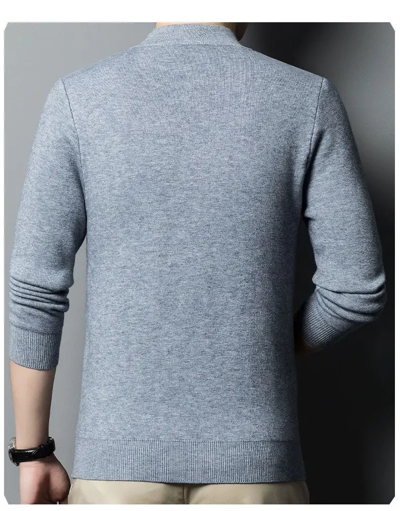 Herren-V-Ausschnitt-Strickpullover als Casual-Winterpullover in grauem meliertem Strick mit gerippten Bündchen und Saum
