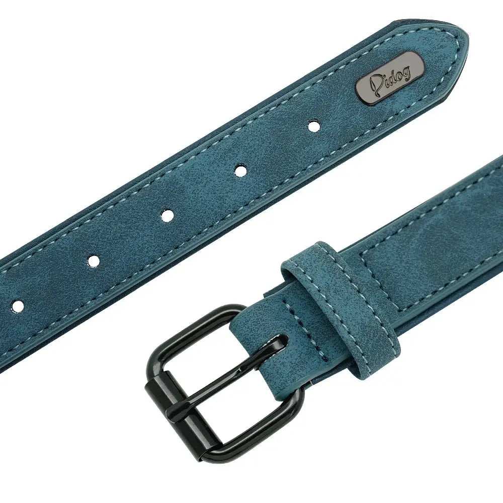Customized leather dog collar featuring a teal suede watch strap with black buckle and silver pido brand plaque for enhanced customization information.