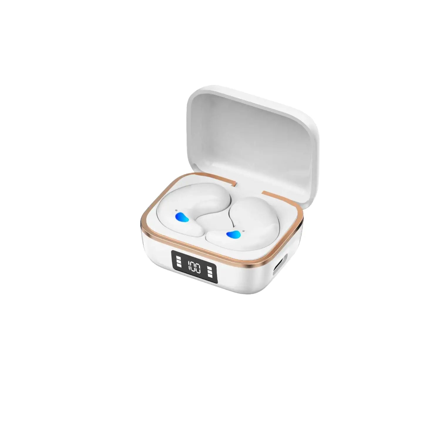 white wireless sleeping earbuds with rose gold accents rest inside a matching charging case displaying 100 on its digital screen