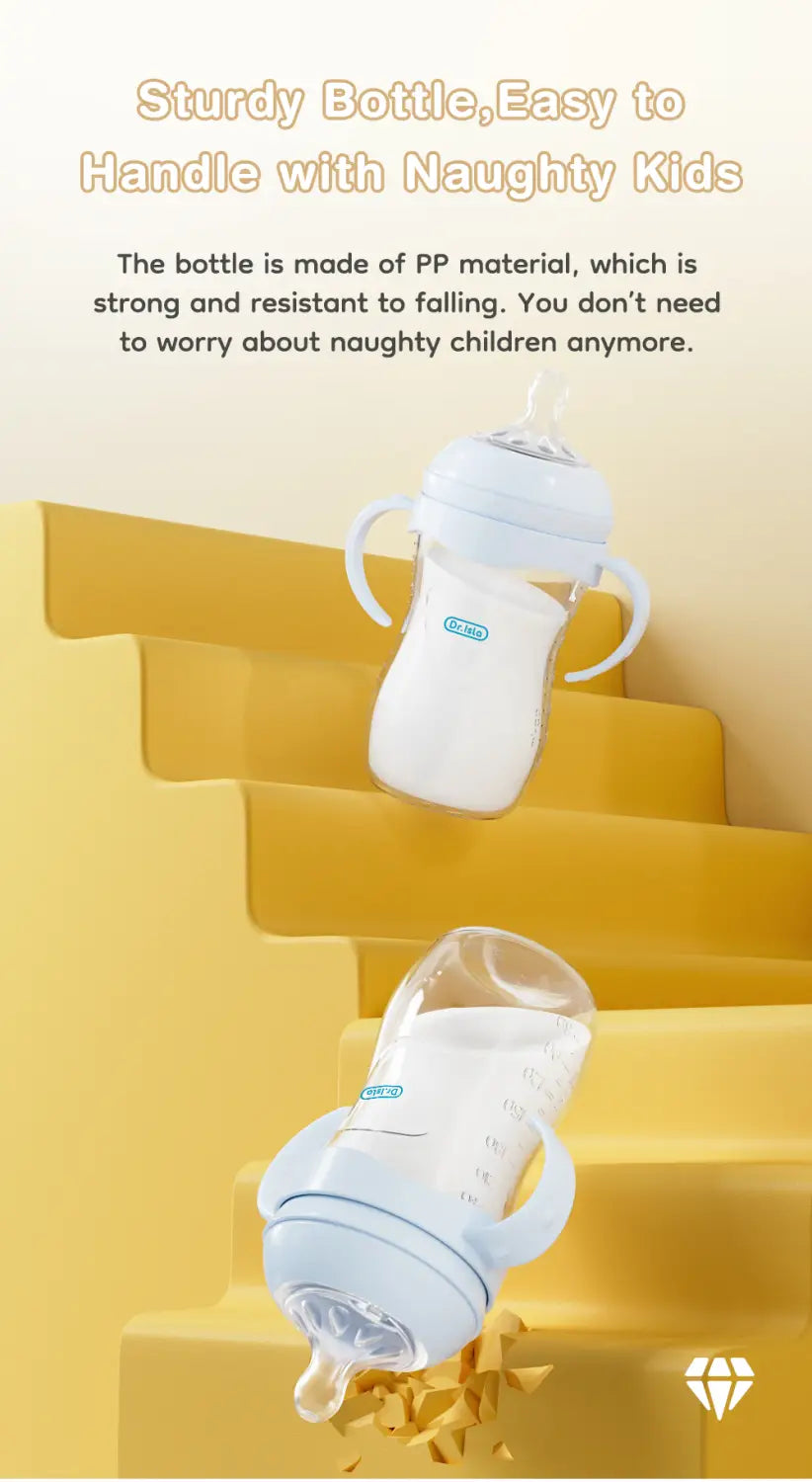 Hellblaue und weiße Baby-PP-Flasche mit weichen Griffen aus BPA-freiem PP-Material, erhältlich in den Größen 150 und 330 ml.