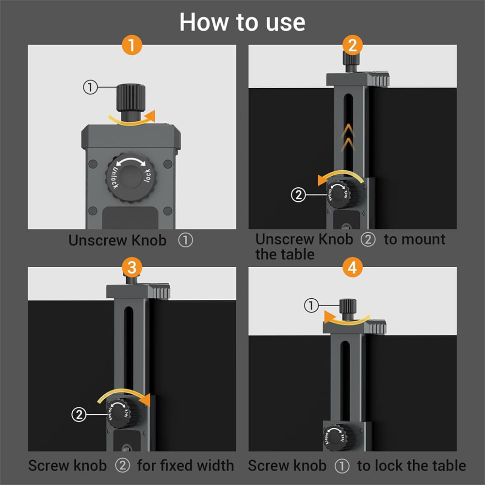 black metal aluminum tablet clamp with adjustable knobs and screw mechanisms for securing surfaces used as a universal tripod mount adapter