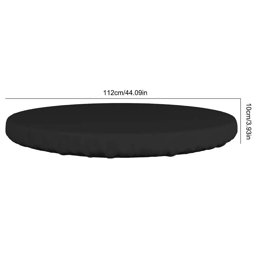 Funda de mesa de jardín al aire libre redonda impermeable en negro, con superficie lisa ligeramente acolchada, de 112 cm de diámetro y 10 cm de altura.