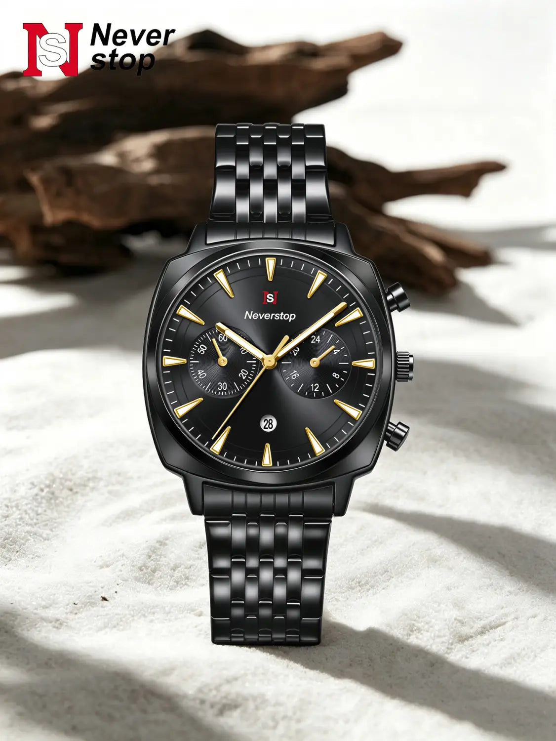 Men’s stainless steel chronograph watch with a black stainless steel square case, linked bracelet, and gold-tone hands and markers.