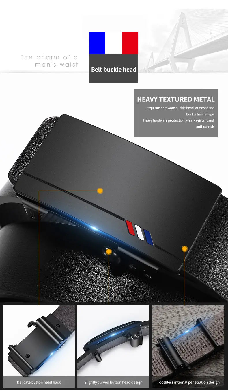 Black textured metal automatic buckle head with sleek curved design and subtle red white and blue stripes on men leather belt for casual use