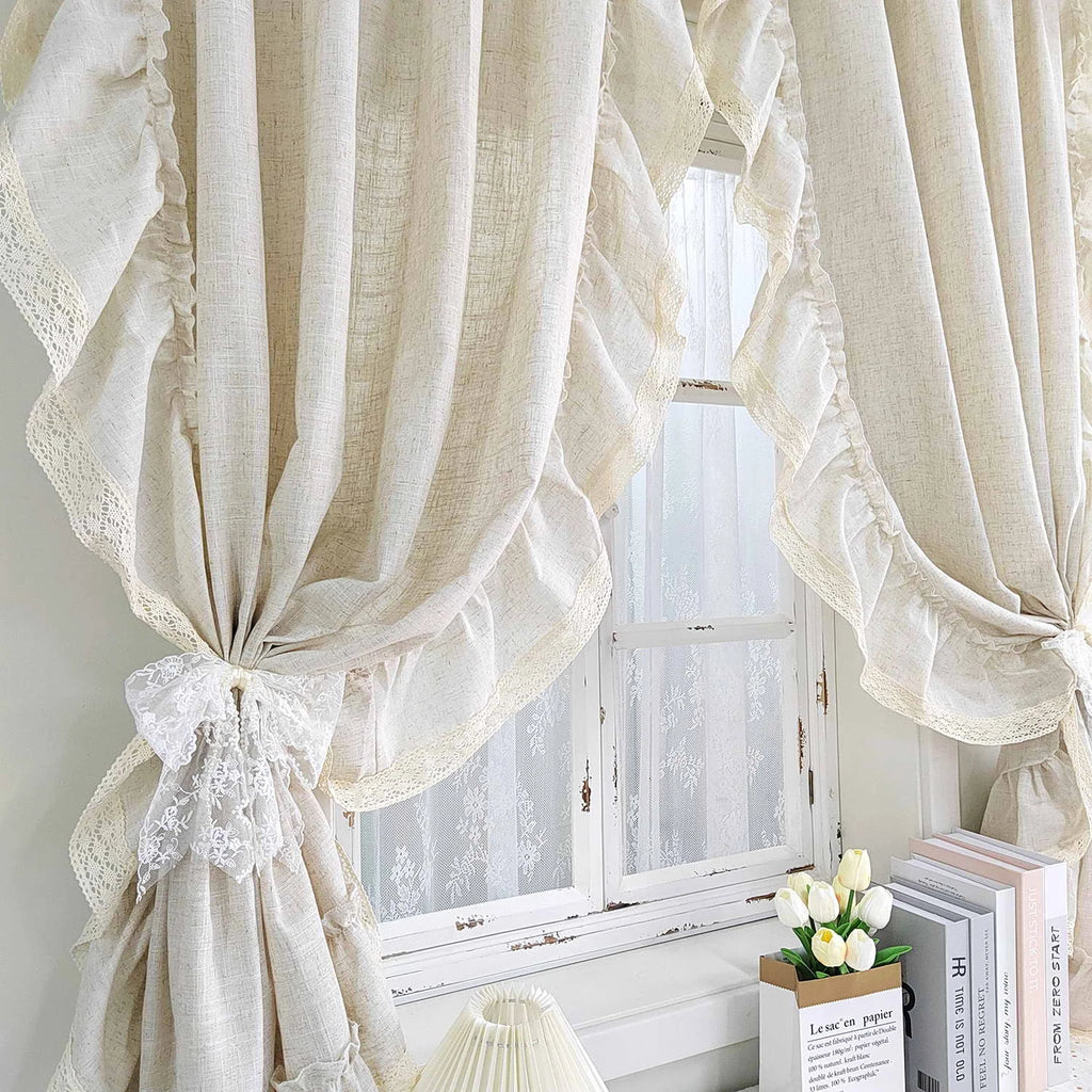French Ruffle Semi Sheer Curtains, Plain Faux Linen Textured Vintage American Farmhouse Curtain for Living Room, Bedroom, Study