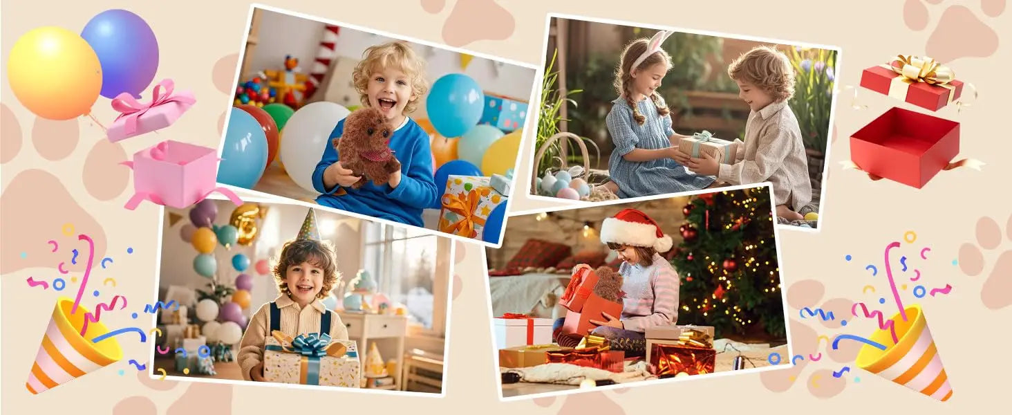 un collage festivo de niños que abren regalos con alegría, con globos de colores y decoraciones de fiesta, que incluye un juguete interactivo de caniche caminante en tela suave para un uso lúdico