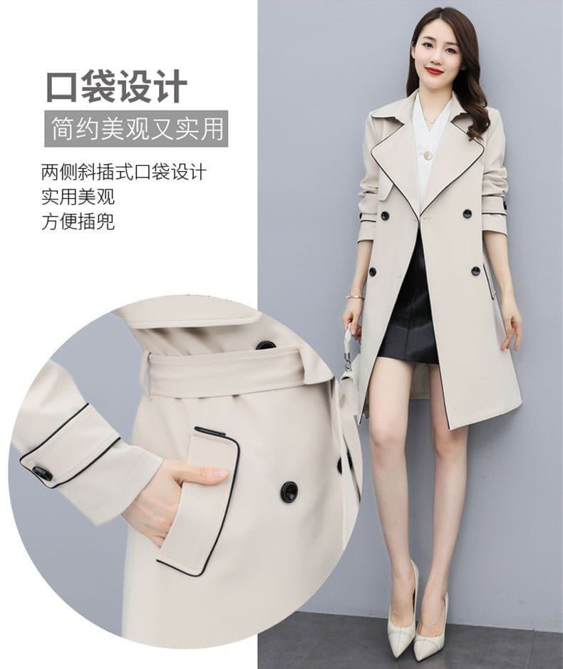 Beige women double breasted trench coat with black trim and double-breasted buttons designed for stylish outerwear.