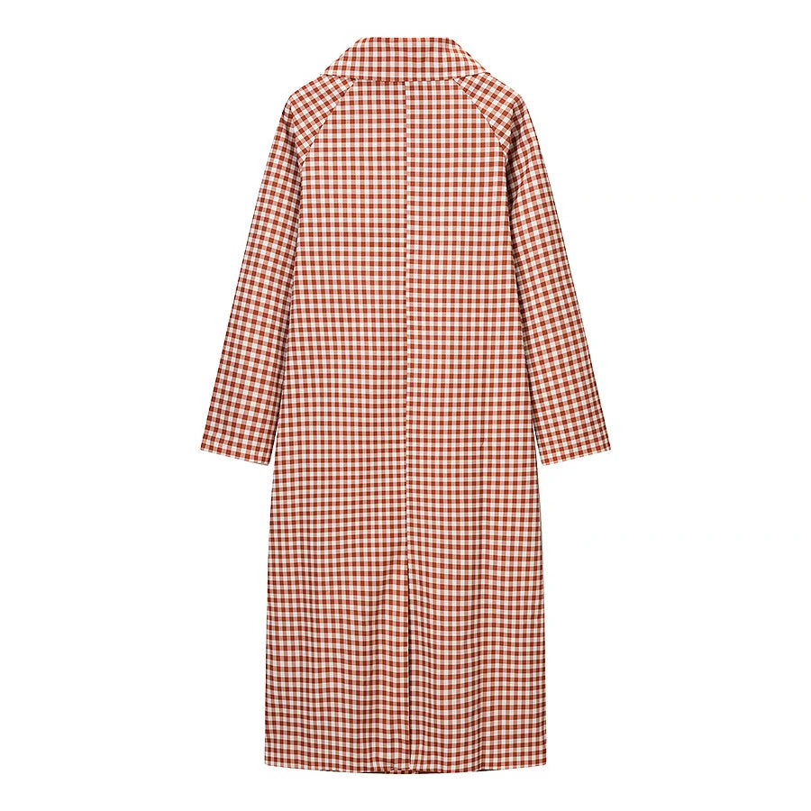 Women Casual Plaid Long Trench Coat Female Red Plaid Single Breasted Full Sleeve Windbreaker Jacket Spring Autumn Lady Coat