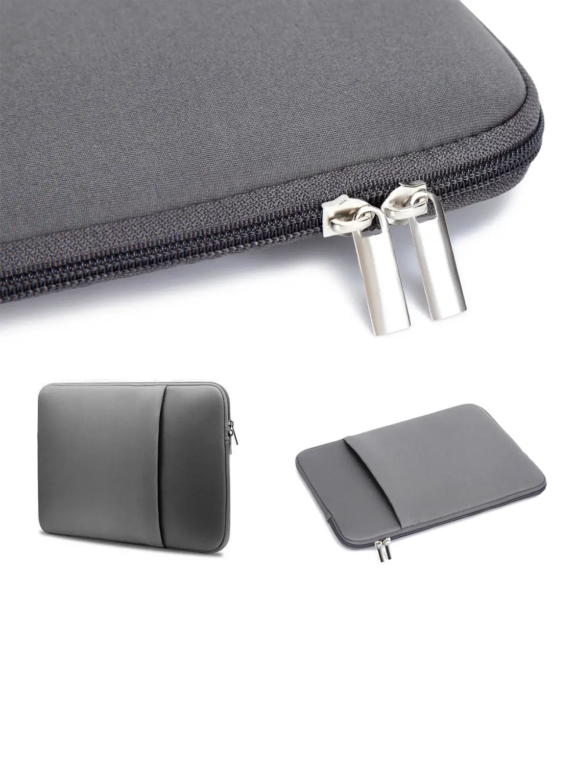 Multifunktionale graue Neopren-Laptoptasche mit silbernen Reißverschluss-Zügen und Frontfach, ausgelegt für Laptops von 11 bis 17 Zoll.