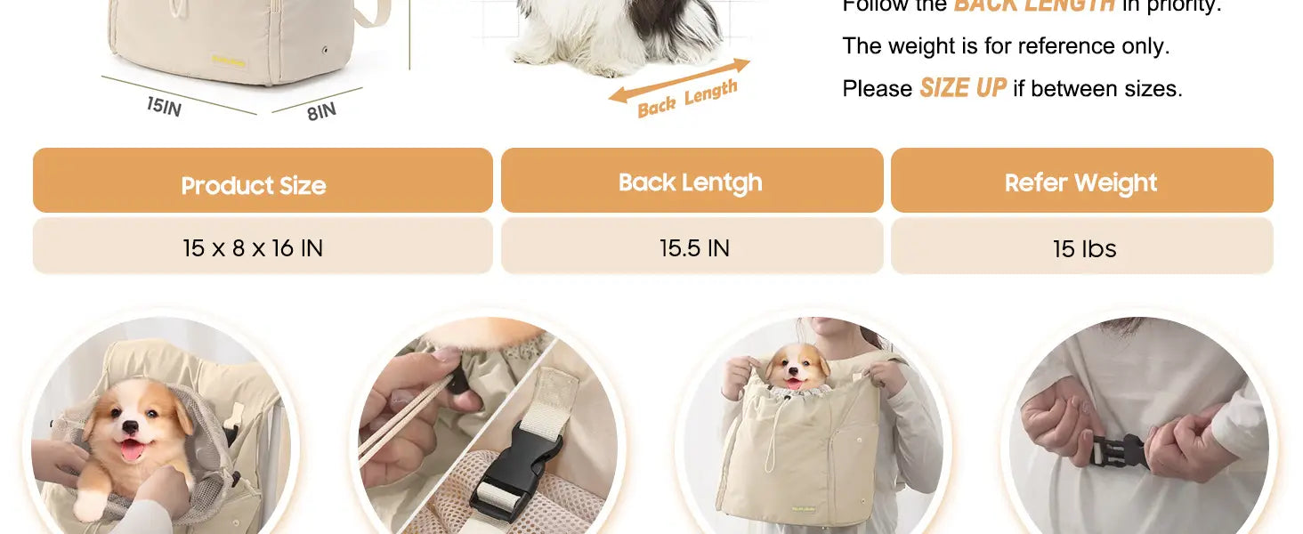 Sac à dos de transport pour animaux souple beige pour la poitrine, le cou et le dos, pour chats et chiens, avec bretelles réglables et une poche avant pour plus de commodité