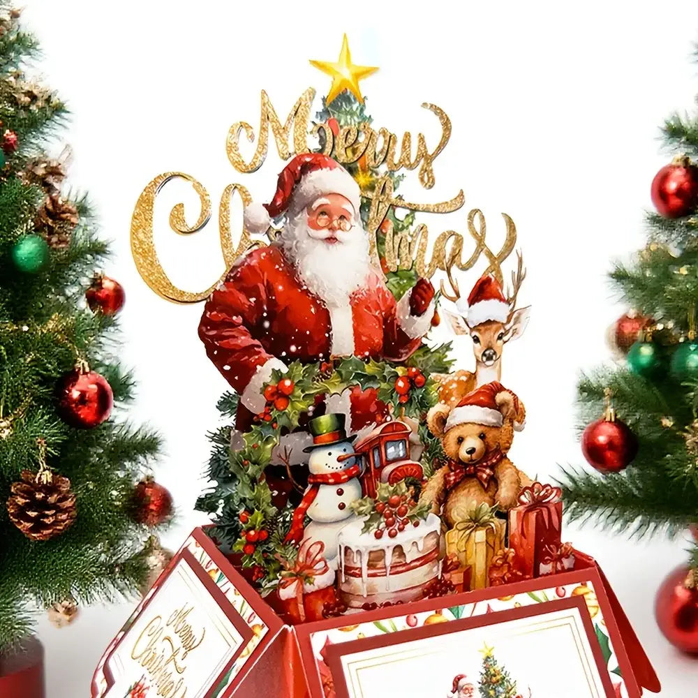 赤と金のクリスマスをテーマにした3Dのサンタクロース飛び出す（ポップアップ）グリーティングカードで、サンタクロース、トナカイ、テディベア、雪だるま、ならびにプレゼントが、華やかなデザインで表現されています。