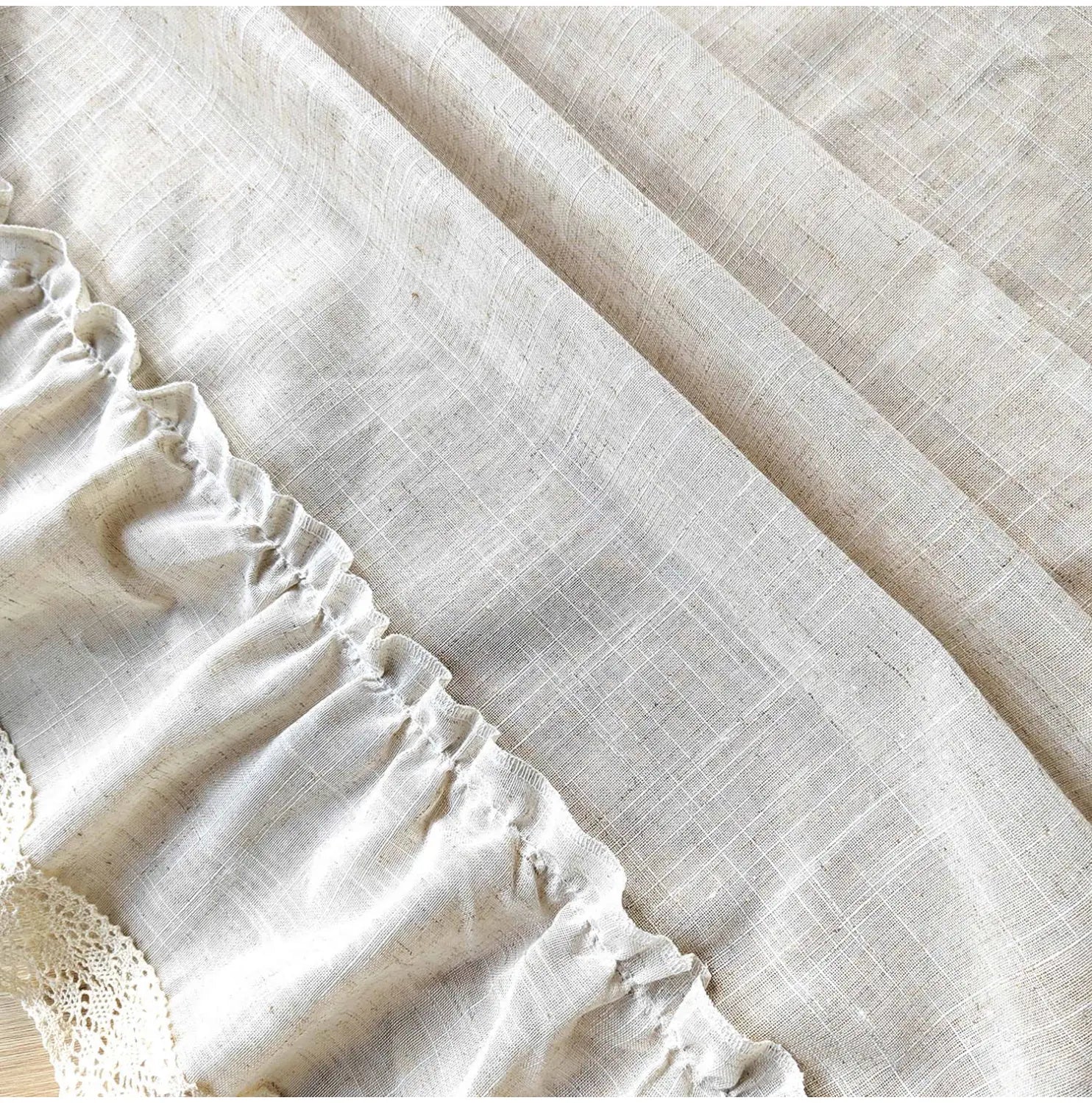 Beige linen ruffled curtain with delicate lace trim for living room featuring accept customization options and tracking number availability.