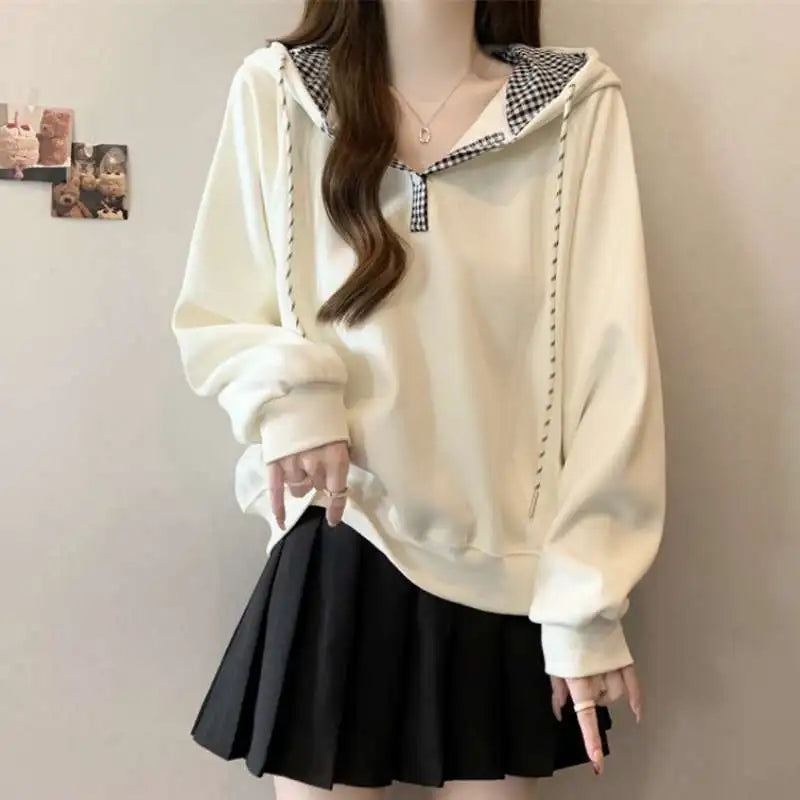 Hoodies Sweatshirt For Women Plaid 90s Vintage Korean Popular Clothes Coat Cotton Kpop Basic Spring And Autumn Woman Hooded Tops
