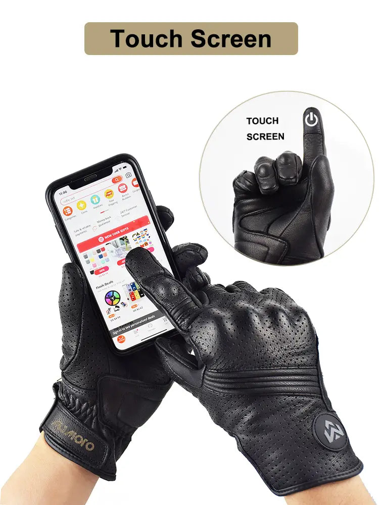 Gants de moto en cuir pour homme en noir, avec des paumes perforées respirantes et des extrémités compatibles avec l’écran tactile, présentés côté arrière.
