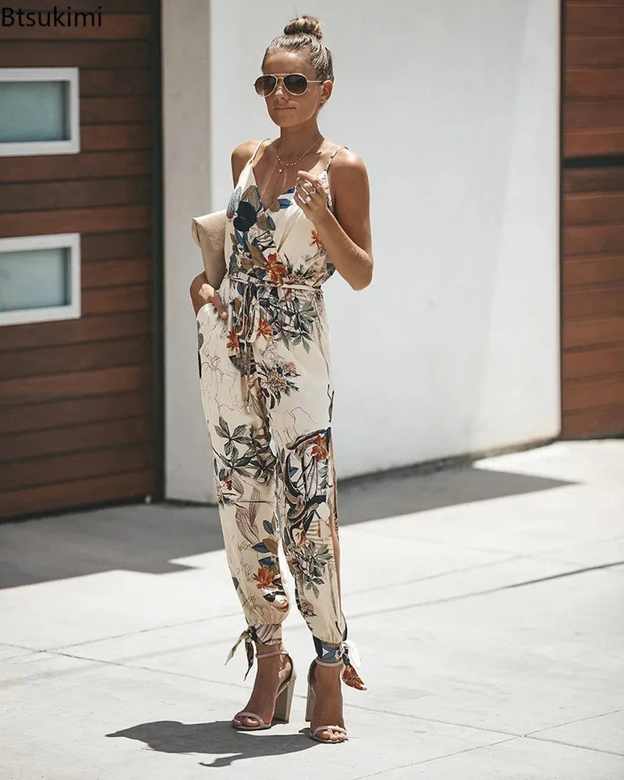 New Summer Jumpsuits Women's Sexy Sleeveless Sling Rompers Boho Style Floral Print Wide Leg Rompers Elegant Strap Overalls Femme